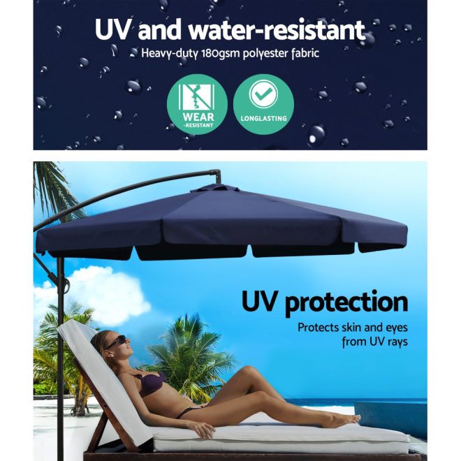 Instahut 3M Umbrella with 48x48cm Base Outdoor Umbrellas Cantilever Sun Beach UV – Navy Blue