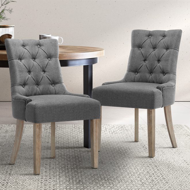Artiss Set of 2 Dining Chair Beige CAYES French Provincial Chairs Wooden Retro Cafe – Grey, Polyester