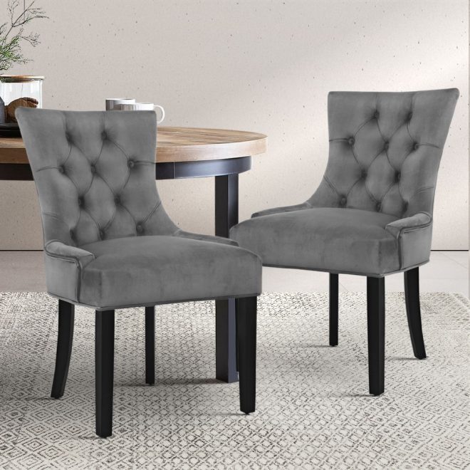 Artiss Set of 2 Dining Chair Beige CAYES French Provincial Chairs Wooden Retro Cafe – Grey, Velvet