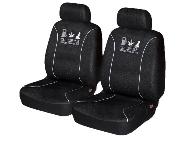 Universal 60/25 Airbag Front Seat Cover Nobody Rides For Free – Black and White