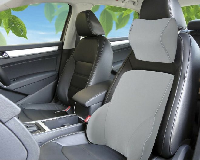 Memory Foam Lumbar Back & Neck Pillow Support Back Cushion Office Car Seat – Grey