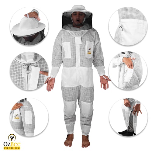 OZBee Premium Full Suit 3 Layer Mesh Ultra Cool Ventilated Round Head Beekeeping Protective Gear Size – 2XL