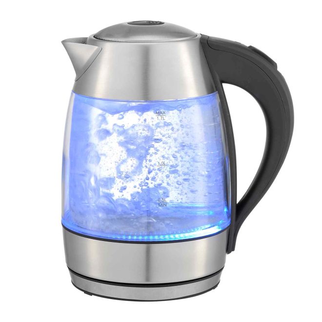 Cool Touch Slimline Stainless Steel Blue LED Glass Kettle 1.7L