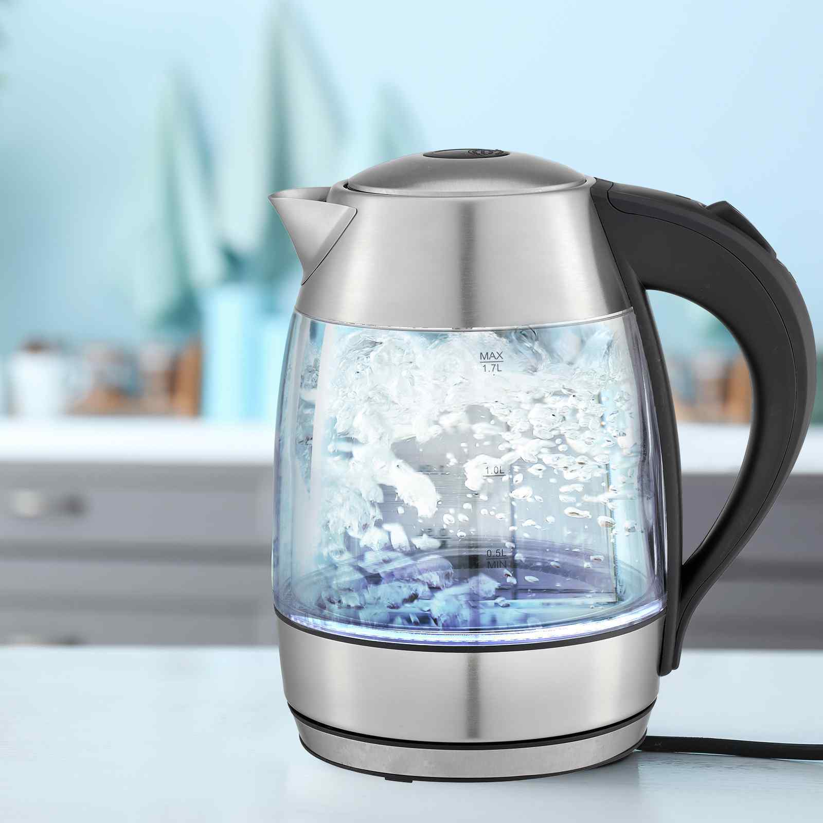 Cool Touch Slimline Stainless Steel Blue LED Glass Kettle 1.7L