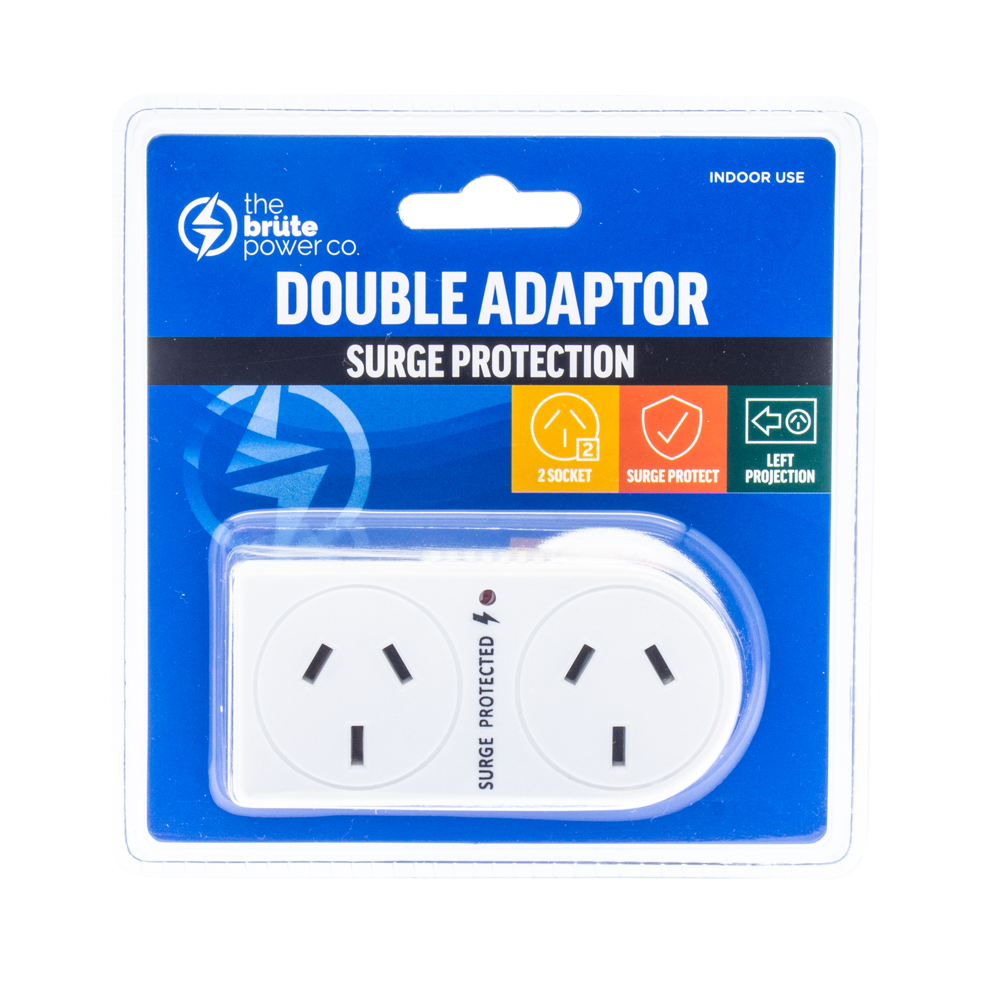 THE BRUTE POWER CO. Double Adaptor – Surge Protection – Flat Left
