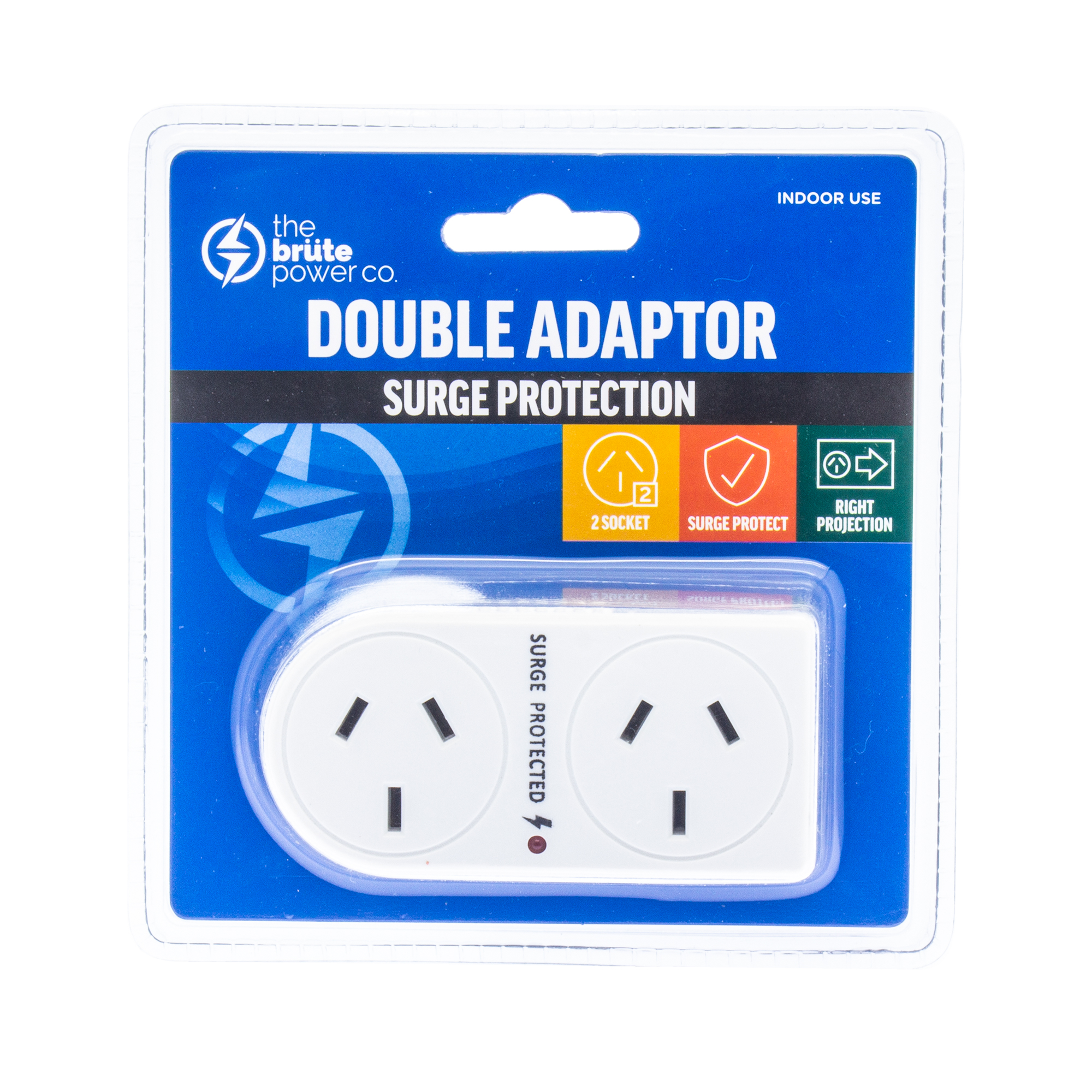 THE BRUTE POWER CO. Double Adaptor – Surge Protection – Flat Right
