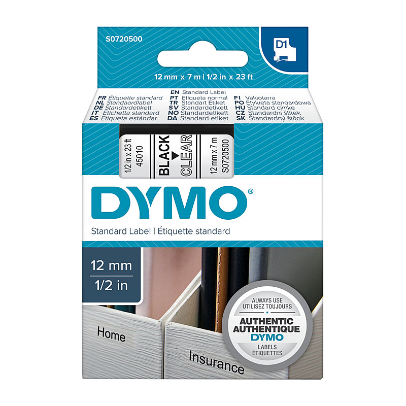 DYMO Tape – 12×7 mm, Black on Clear