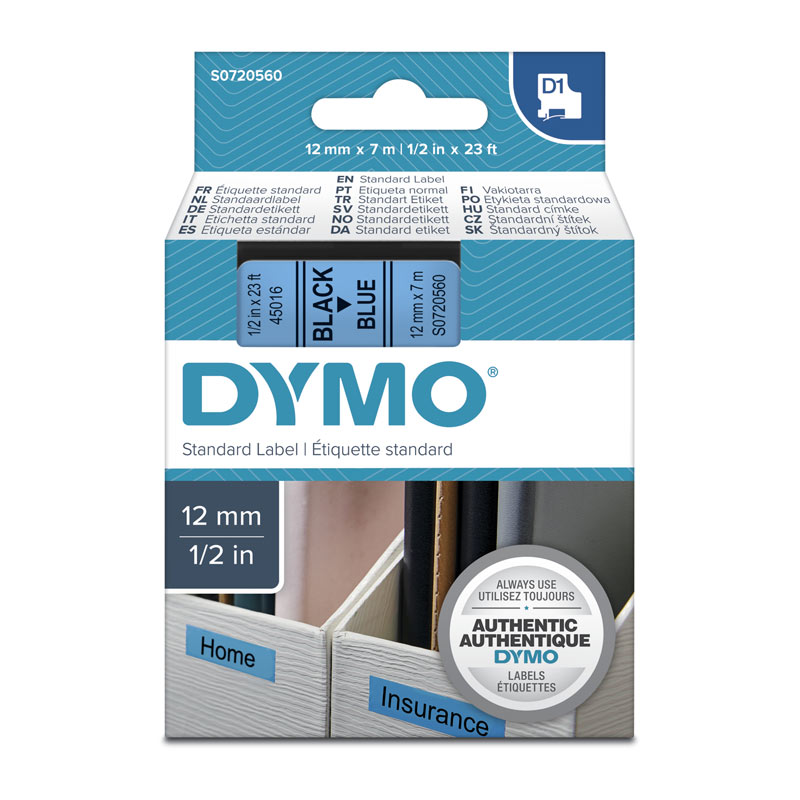 DYMO Tape – 12×7 mm, Black on Blue