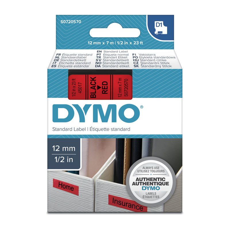 DYMO Tape – 12×7 mm, Black on Red