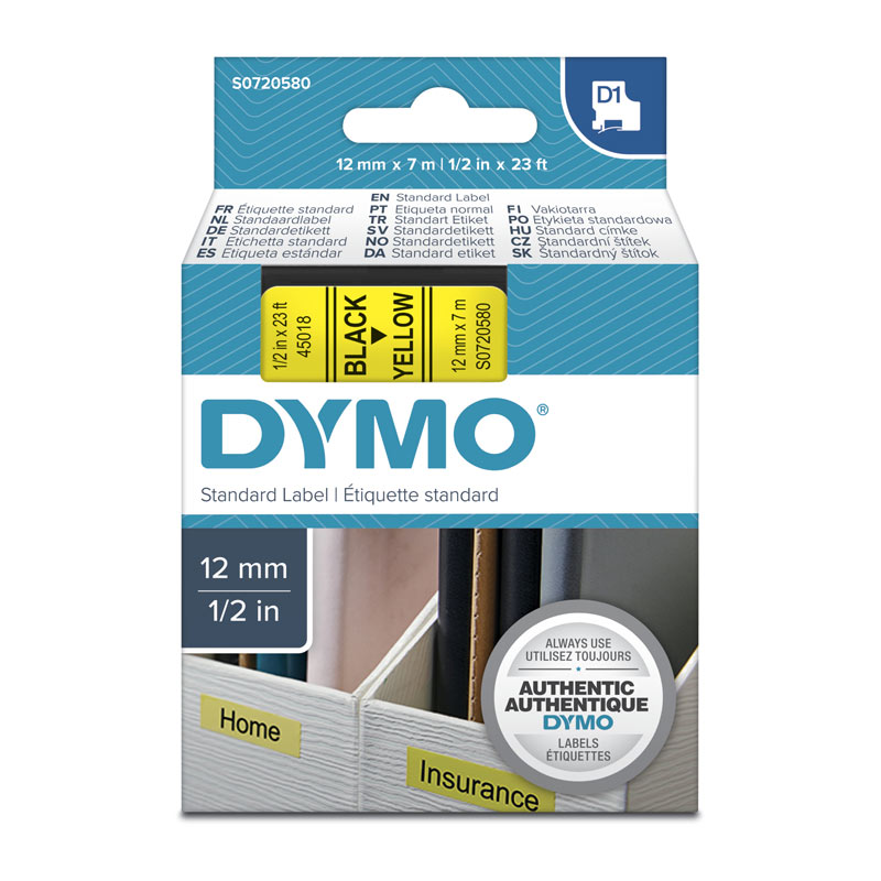 DYMO Tape – 12×7 mm, Black on Yellow