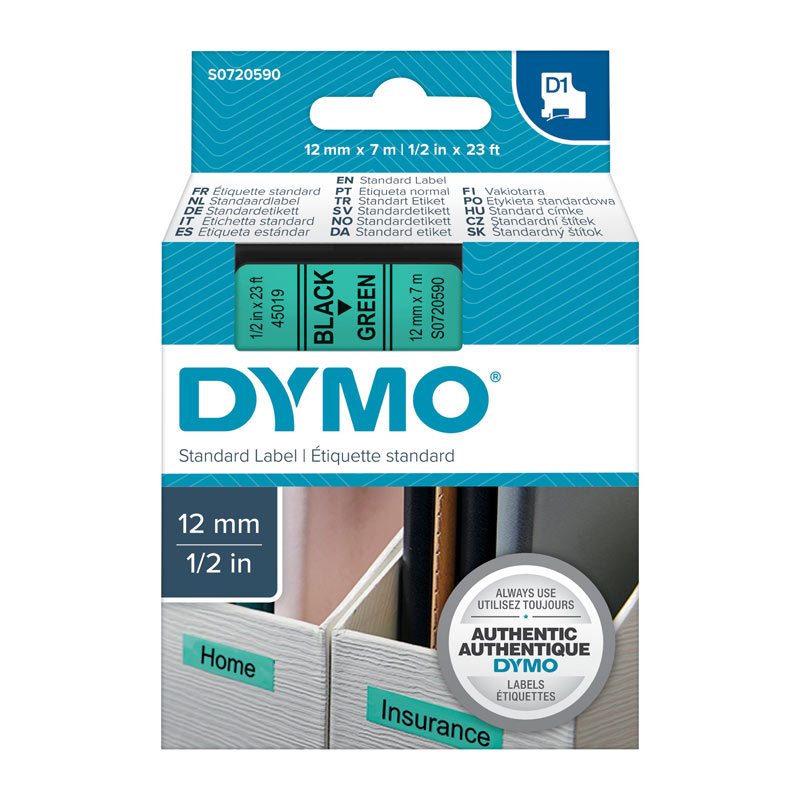 DYMO Tape – 12×7 mm, Black on Grn