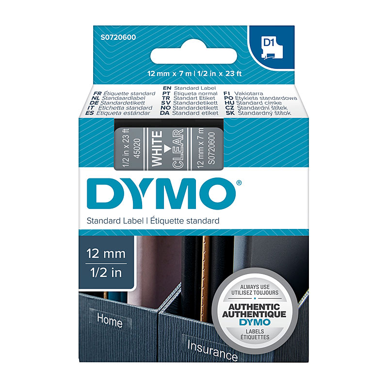 DYMO Tape – 12×7 mm, White on Clear