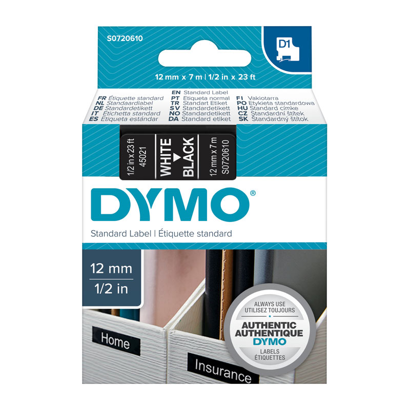 DYMO Tape – 12×7 mm, White on Black