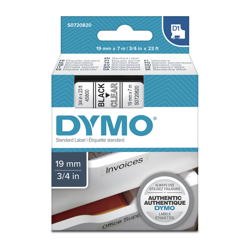 DYMO Tape – 19×7 mm, Black on Clear