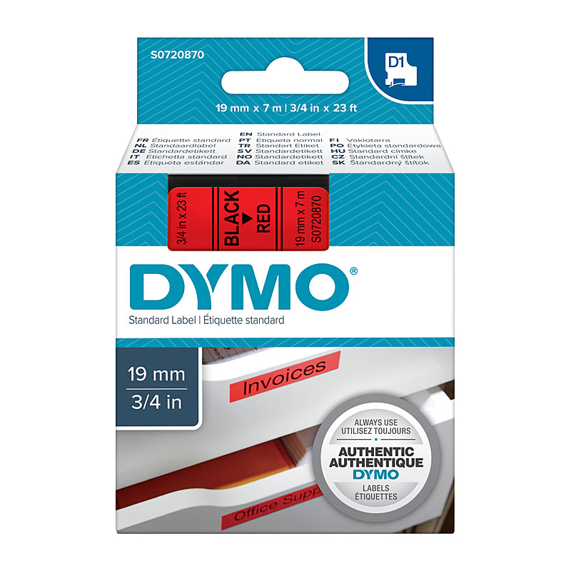 DYMO Tape – 19×7 mm, Black on Red