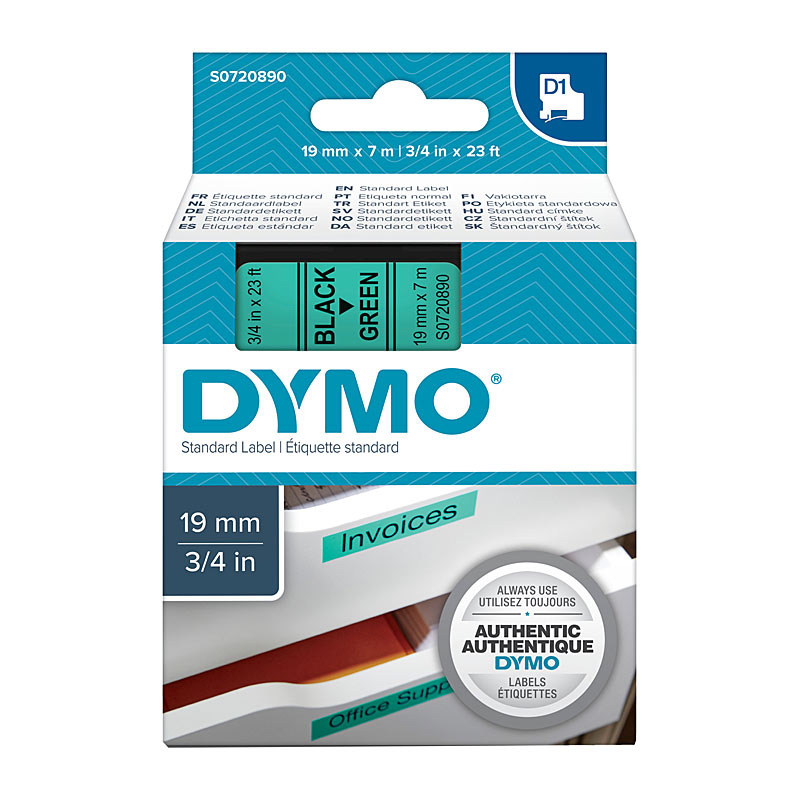 DYMO Tape – 19×7 mm, Black on Green