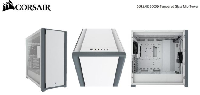 CORSAIR 5000D TG E-ATX, ATX, USB Type-C, 2x 120mm Airguide Fans, Radiator 360mm. 7x PCI, 4x 2.5′ SSD, 2x 3.5′ HDD. VGA 420mm. Tower Case – White