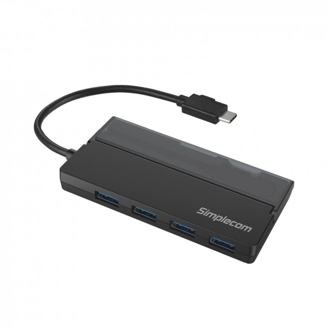 SIMPLECOM CH330 Portable USB-C to 4 Port USB-A Hub USB 3.2 Gen1 with Cable Storage – Black