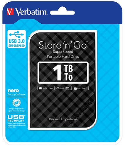 VERBATIM 1TB 2.5′ USB 3.0 Black Store’n’Go HDD Grid Design