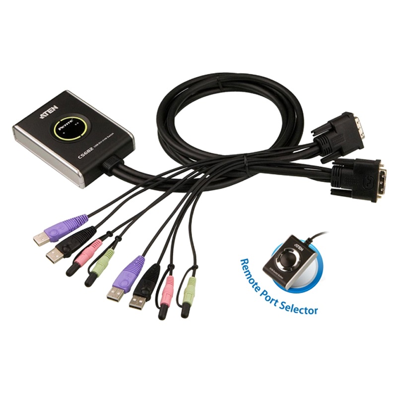 Aten Petite 2 Port USB DVI KVM Switch with Audio and Remote Port Selector – 1.2m Cables Built In