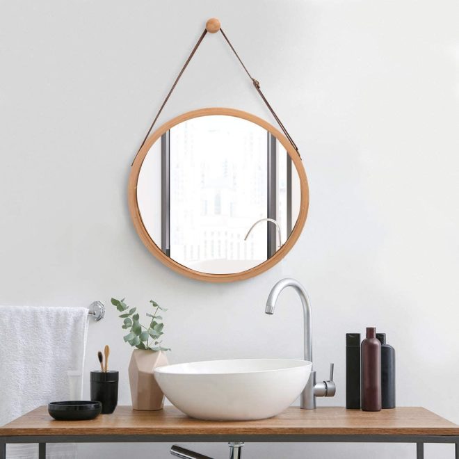 Hanging Round Wall Mirror Solid Bamboo Frame and Adjustable Leather Strap for Bathroom and Bedroom – 38 cm
