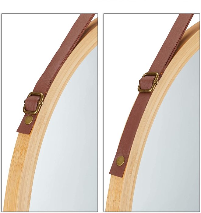 Hanging Round Wall Mirror Solid Bamboo Frame and Adjustable Leather Strap for Bathroom and Bedroom – 38 cm