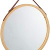 Hanging Round Wall Mirror Solid Bamboo Frame and Adjustable Leather Strap for Bathroom and Bedroom – 45 cm