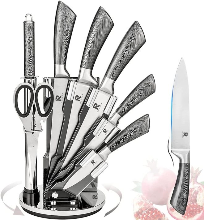 Kitchen Knife Block Set 8 Stainless Steel Knives with Wooden Color Handle – Silver