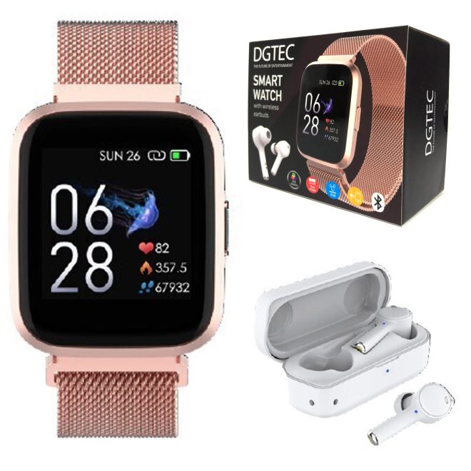 1.4″ IPS Rose Gold Smart Fitness Watch with Wireless Earbuds Bundle