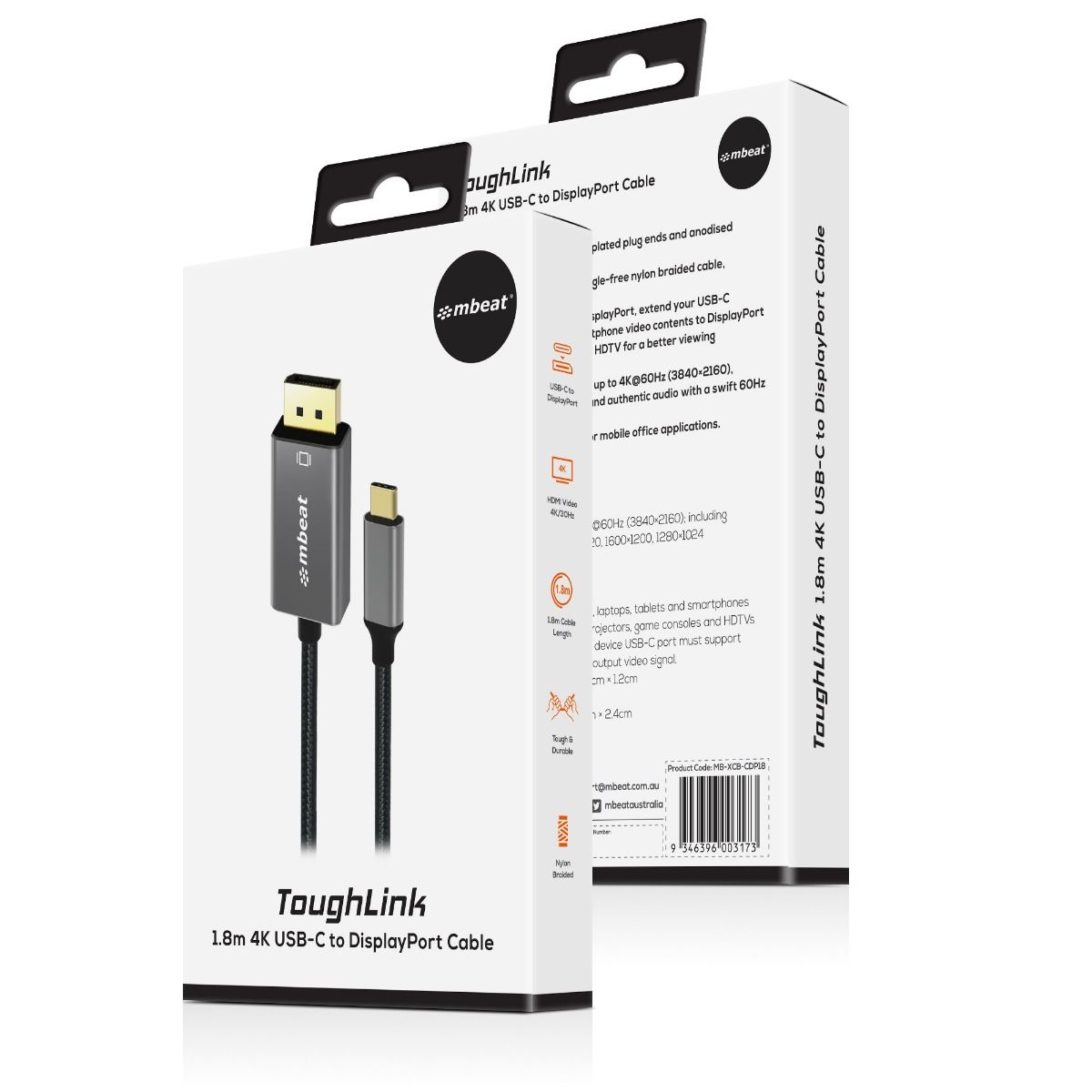 Tough Link 1.8m 4K USB-C to Display Port Cable – Space Grey