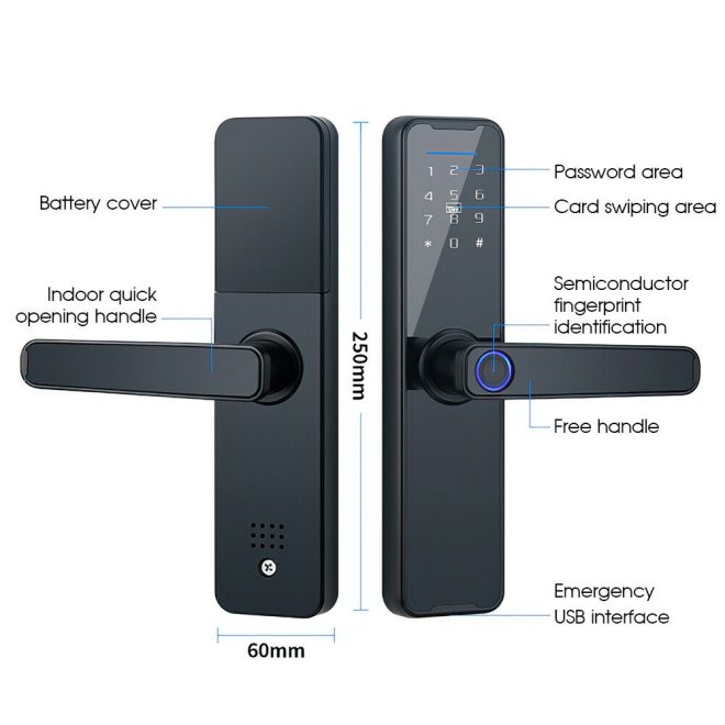 Digital Smart Door Lock Fingerprint APP Key Card Password Electronic Home Lock. – Black