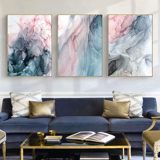 Colorful Ink Abstract 3 Sets Gold Frame Canvas Wall Art – 40×60 cm