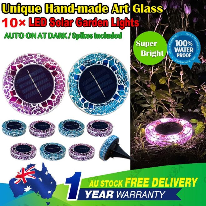 10 x Solar LED Hand-made Art Stained Glass Inground Light for Garden Outdoor Deck Path – Blue