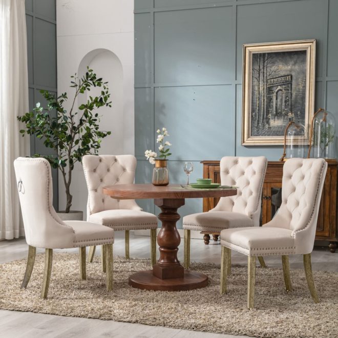 2x Velvet Dining Chairs Upholstered Tufted Kithcen Chair with Solid Wood Legs Stud Trim and Ring – Beige