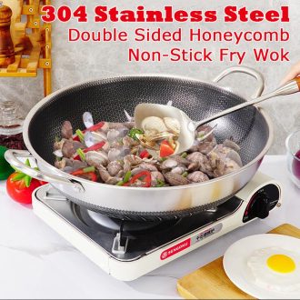 316 Stainless Steel Double Ear Non-Stick Stir Fry Cooking Kitchen Wok Pan with Lid Honeycomb Double Sided