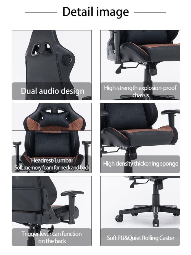 7 RGB Lights Bluetooth Speaker Gaming Chair Ergonomic Racing chair 165° Reclining Gaming Seat 4D Armrest Footrest – Black