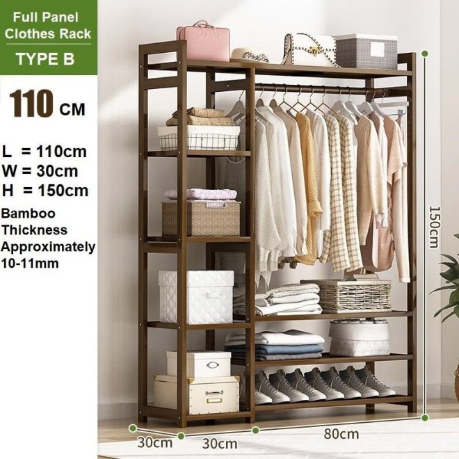 Bamboo Clothes Rack Garment Closet Storage Organizer Hanging Rail Shelf Dress room – 110x30x150 cm