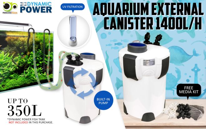 Aquarium UV Light External Canister Filter – 1400L/H + Media Kit