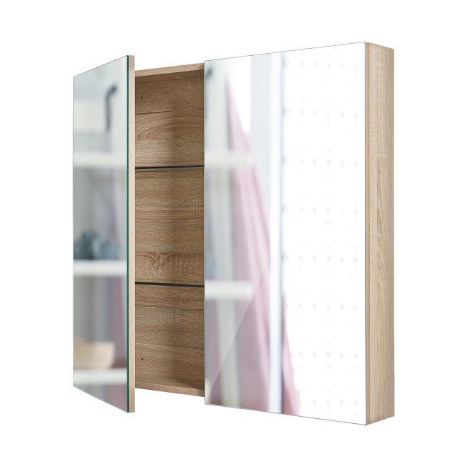Bathroom Mirror Cabinet Wall Twin Door Shaving Storage – 60×72 cm, Oak