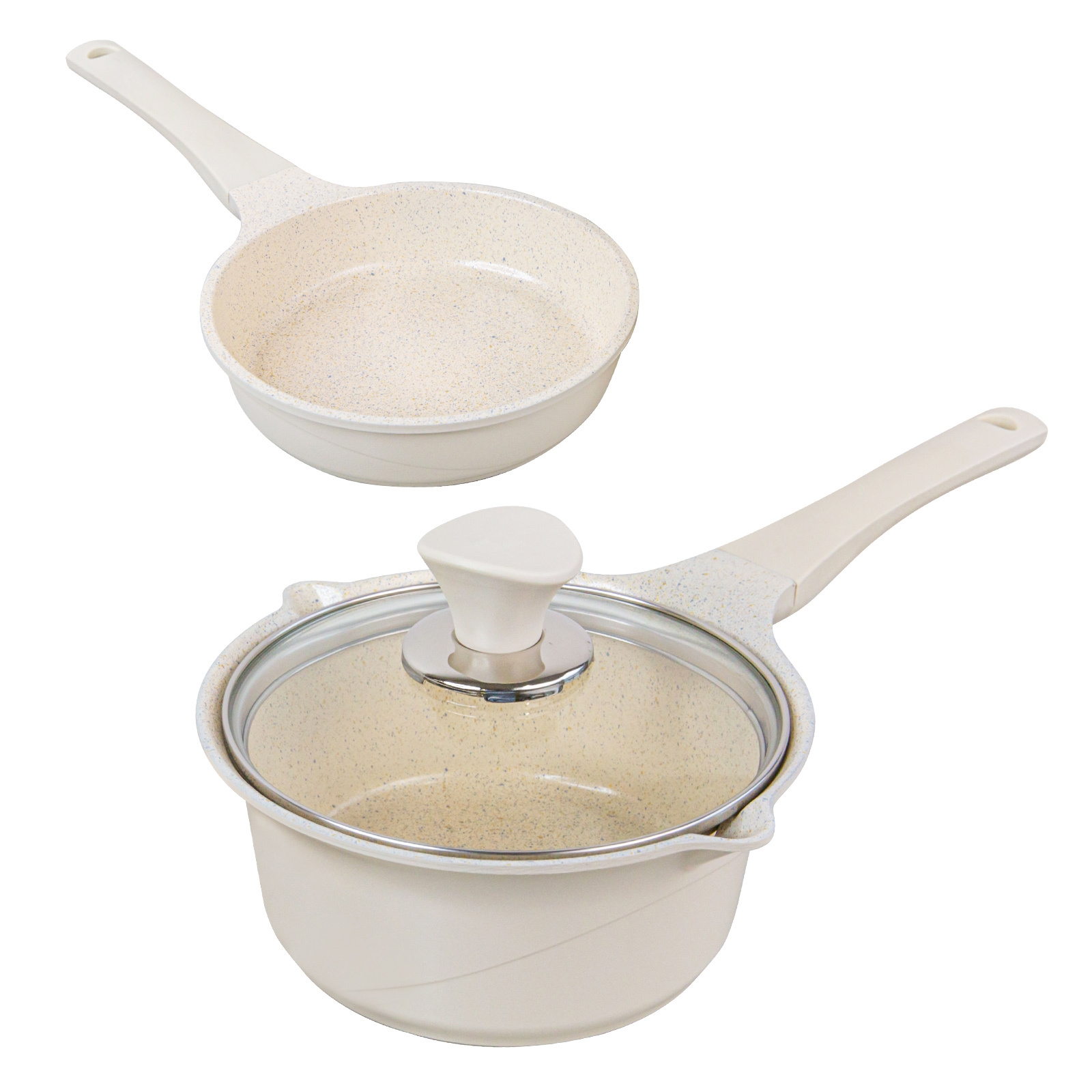 Happy Lambs 16cm Sauce Pot Frying Pan w/ a Lid Set Non-Stick Stone Induction IH Frypan – Ivory