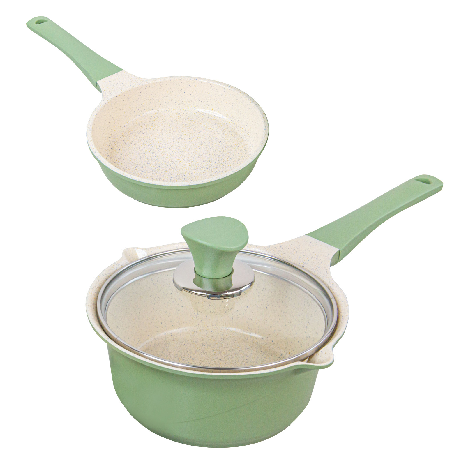 Happy Lambs 16cm Sauce Pot Frying Pan w/ a Lid Set Non-Stick Stone Induction IH Frypan – Olive