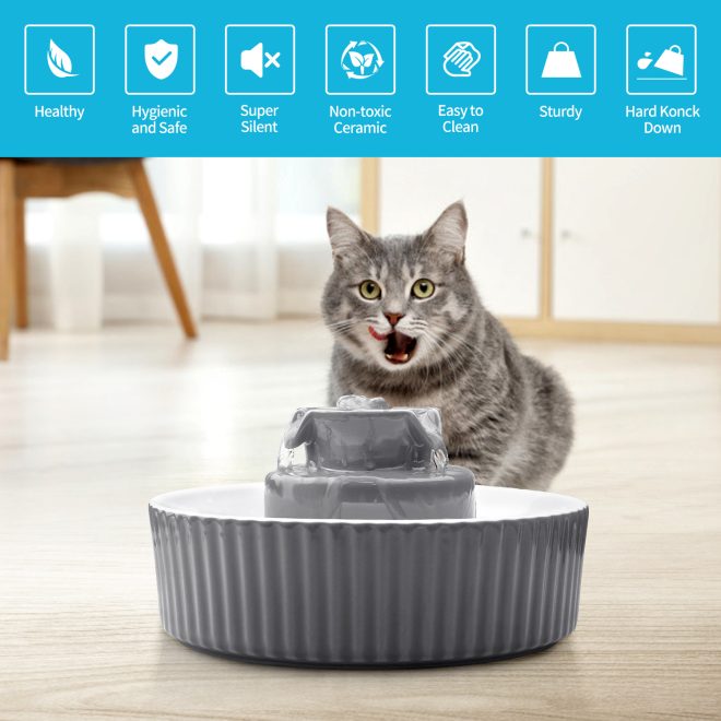 Grey Ceramic Electric Pet Water Fountain Dog Cat Water Feeder Bowl Dispenser