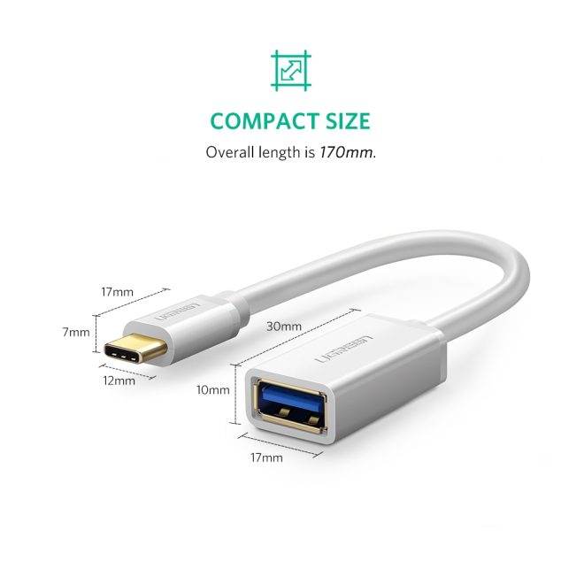 UGREEN USB Type-C Male to USB 3.0 Type A Female OTG Cable – 15CM – White