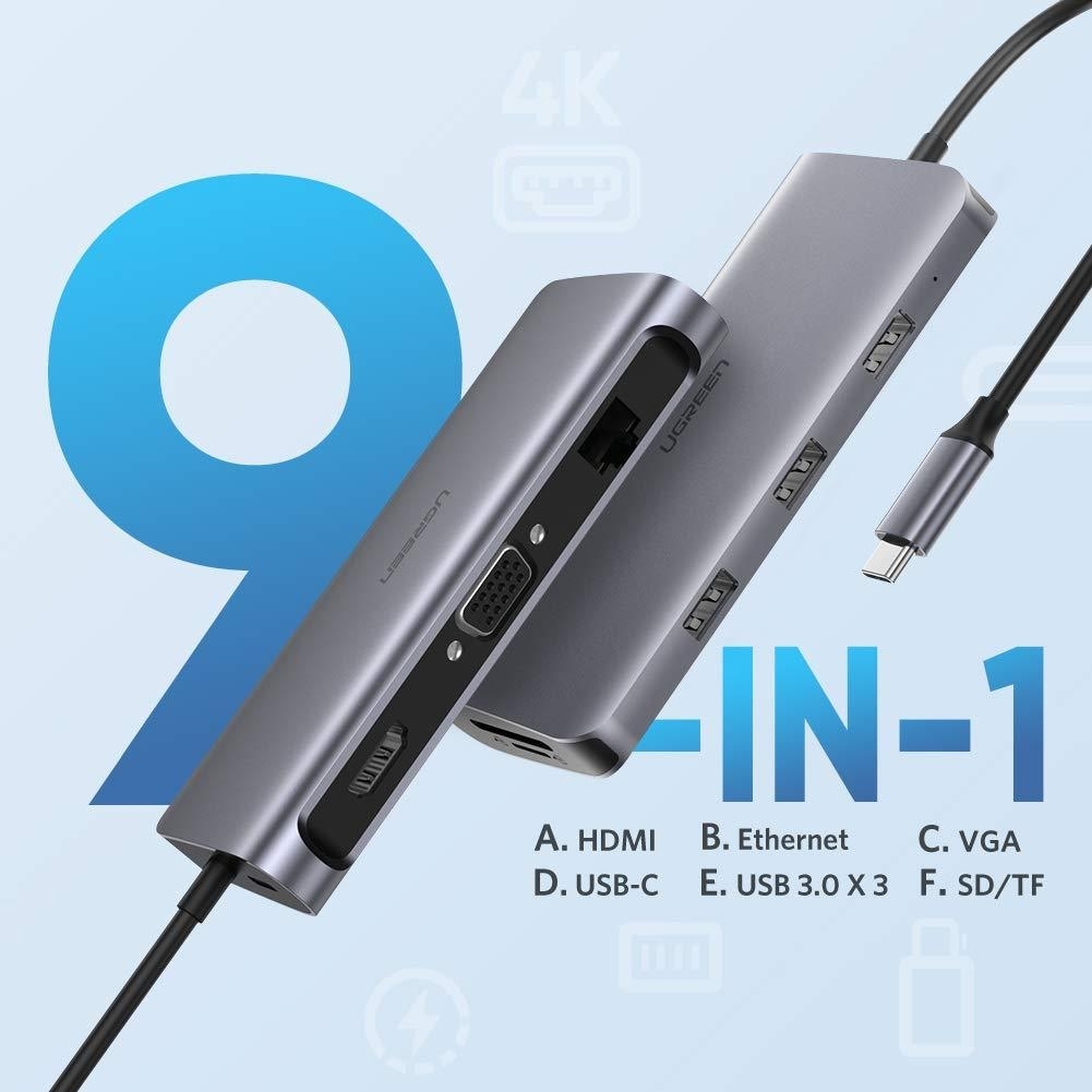 Type C 9 in 1 Multifunction Adapter- HDMI/ VGA/Gigabit/TypeC/USB3.0 x 3/SD/TF (40873)
