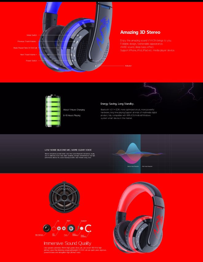 OVLENG MX666 Wireless Bluetooth Music Headphones with Mic Noise Canceling – Red