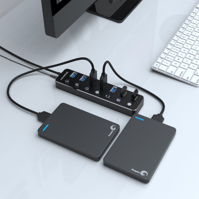 CH375PS Aluminium 7 Port USB 3.0 Hub with Individual Switches and Power Adapter