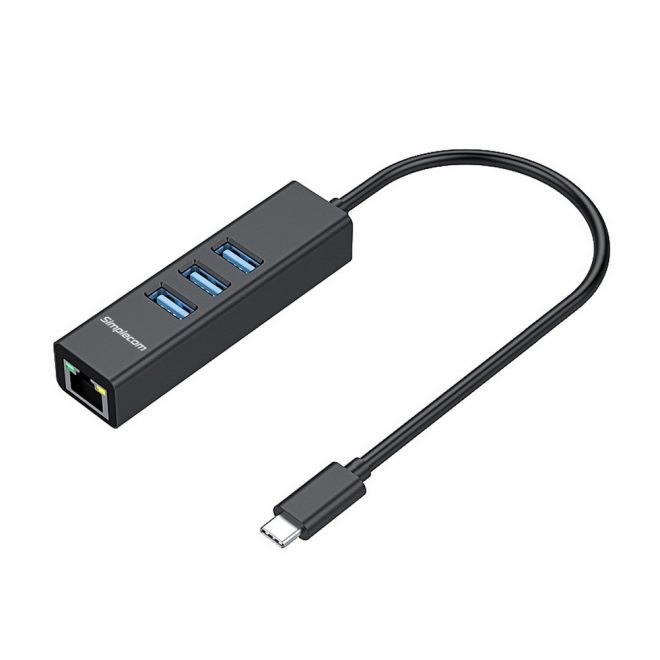 Simplecom CHN421 Aluminium USB-C to 3 Port USB HUB with Gigabit Ethernet Adapter – Black