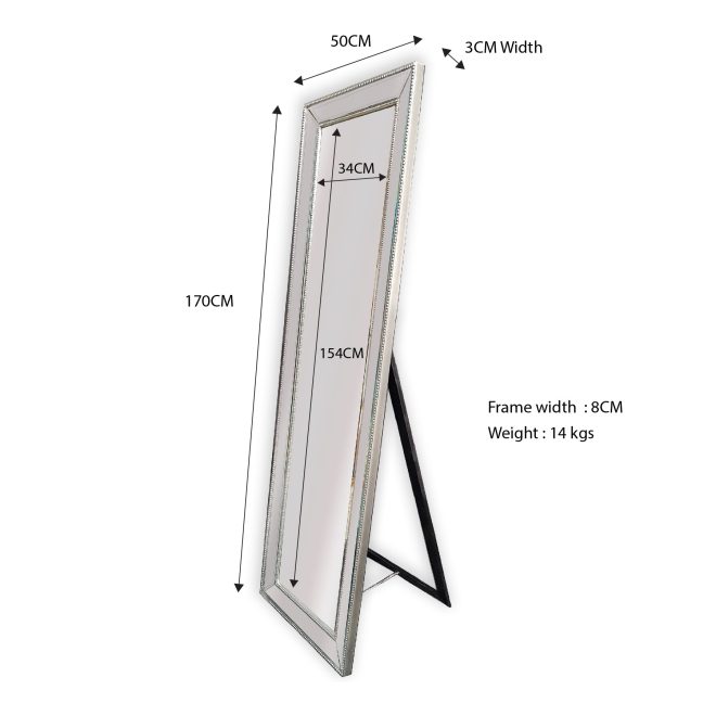 Beaded Framed Mirror – Free Standing 50cm x 170cm – Silver