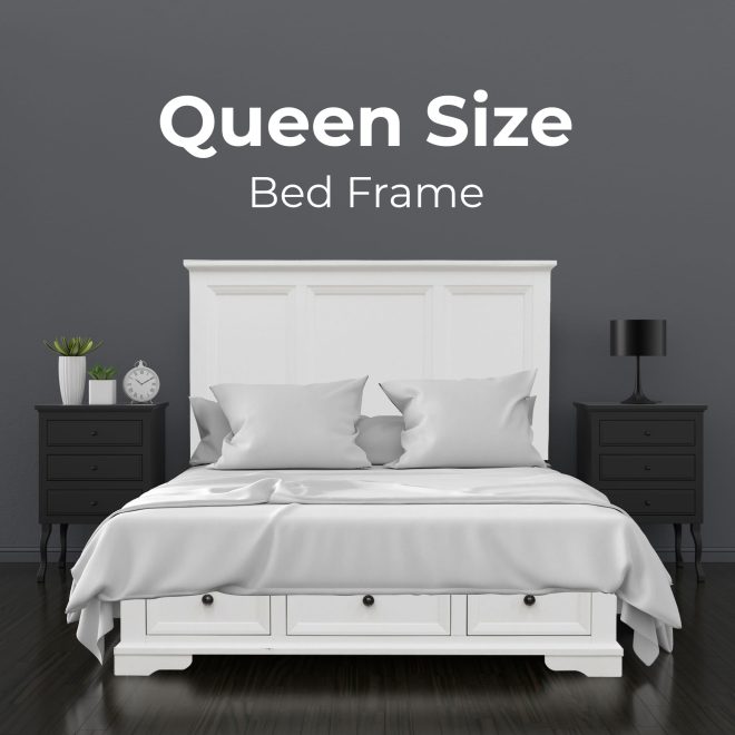 Celosia Bed Frame Timber Mattress Base With Storage Drawers – White – QUEEN