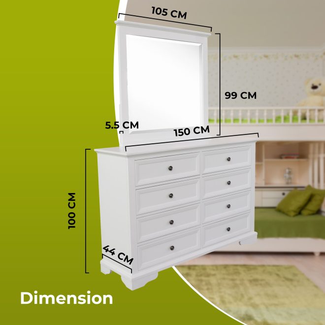 Celosia Bed Frame Bedroom Suite Bedside Dresser Mirror Package – White